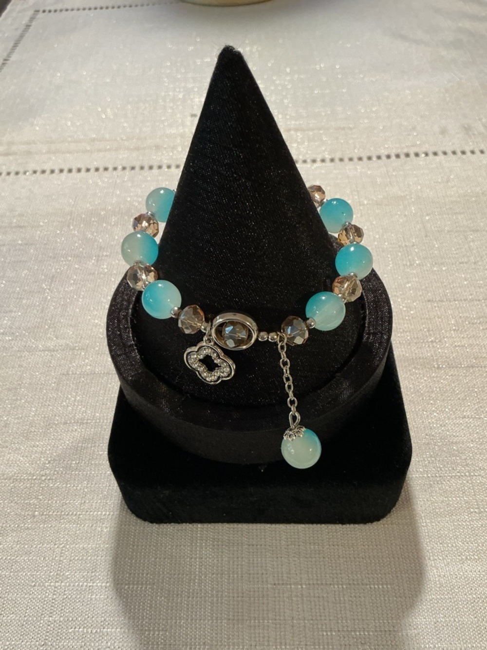 Light Aqua Blue and Champagne Glass Silver Tone Stretch Bracelet